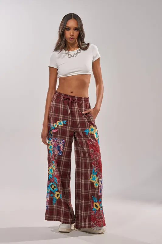 KRIYSTA FLORAL PATCH PLAID PANT sold by AKIRA