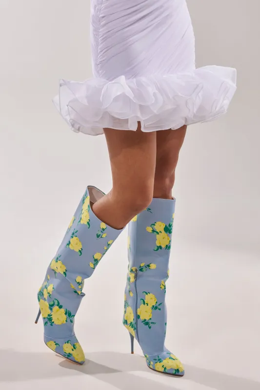 AKIRA GOLD GARLAND BLUE FLORAL BOOT sold by AKIRA