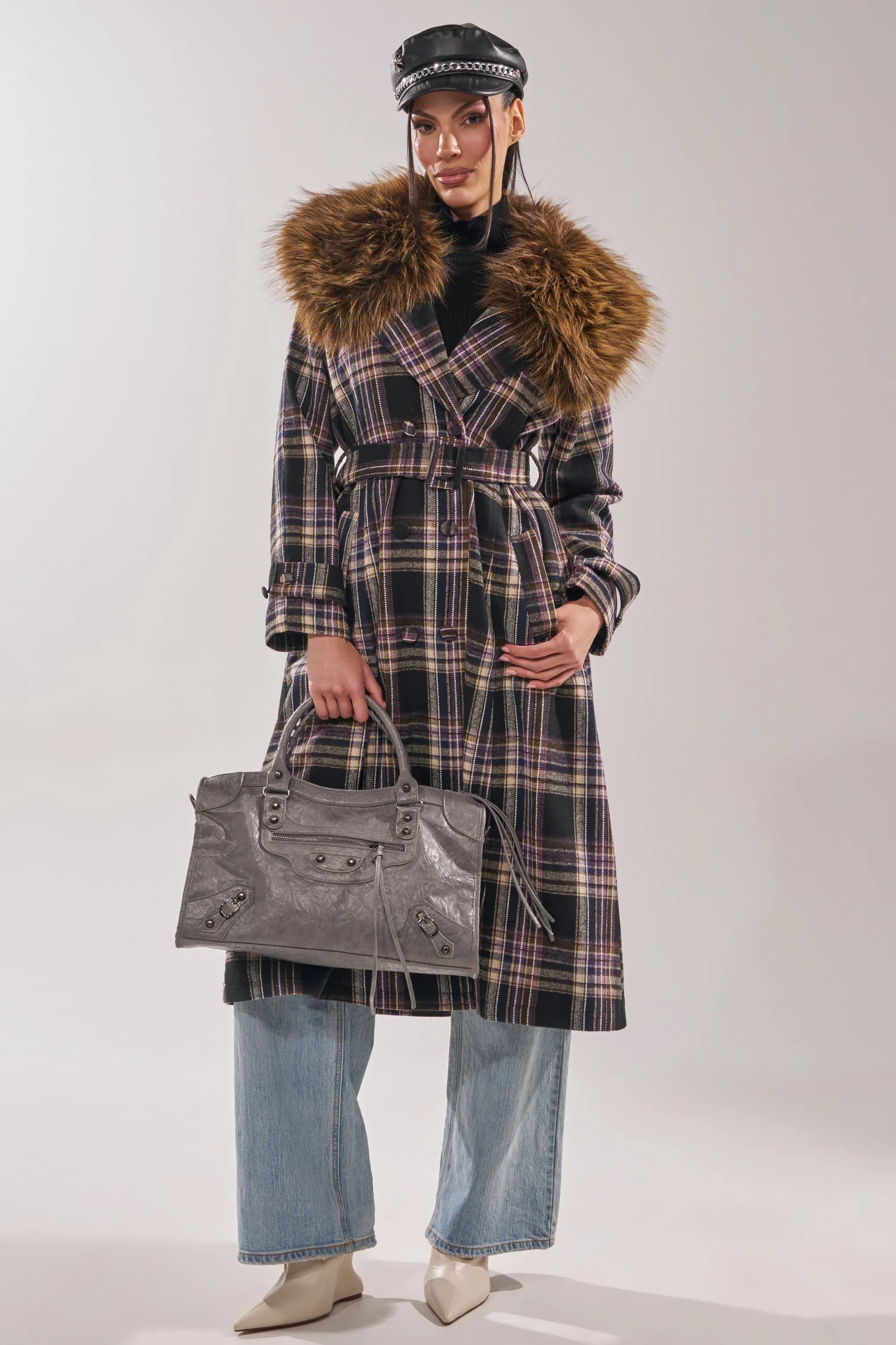 SWEPT UP FUR TRIM TRENCH sold by AKIRA