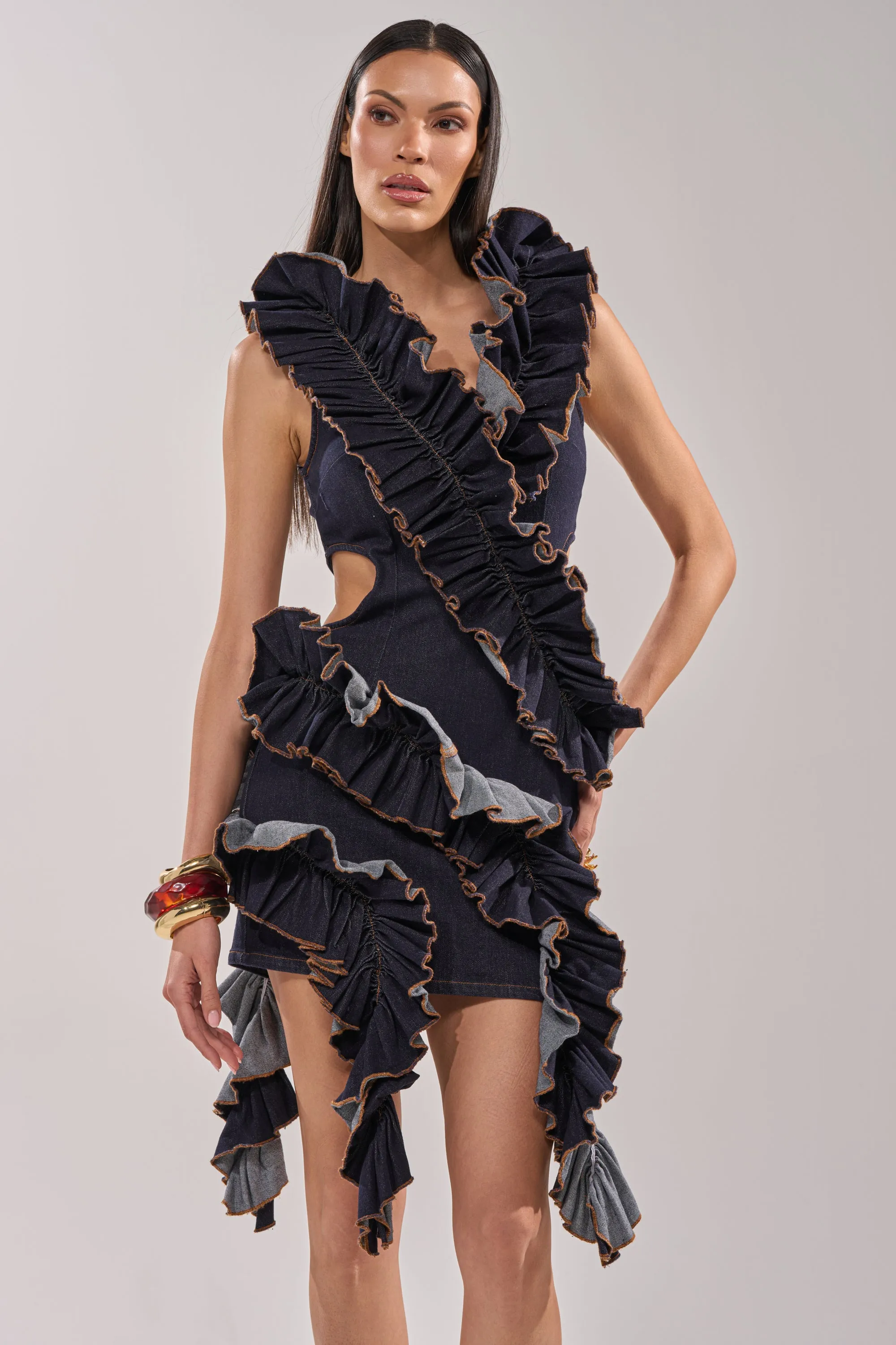 SAY IT AGAIN RUFFLED DENIM MINI DRESS IN DARK BLUE DENIM sold by AKIRA product image thumbnail 2