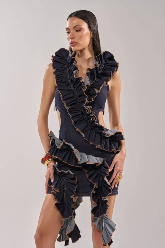 SAY IT AGAIN RUFFLED DENIM MINI DRESS IN DARK BLUE DENIM made by AKIRA
