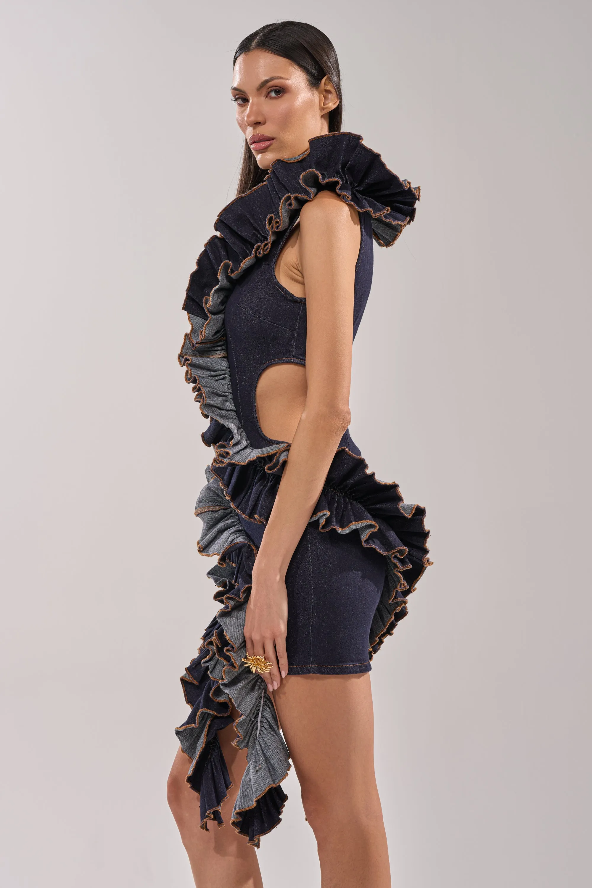 SAY IT AGAIN RUFFLED DENIM MINI DRESS IN DARK BLUE DENIM sold by AKIRA product image thumbnail 4