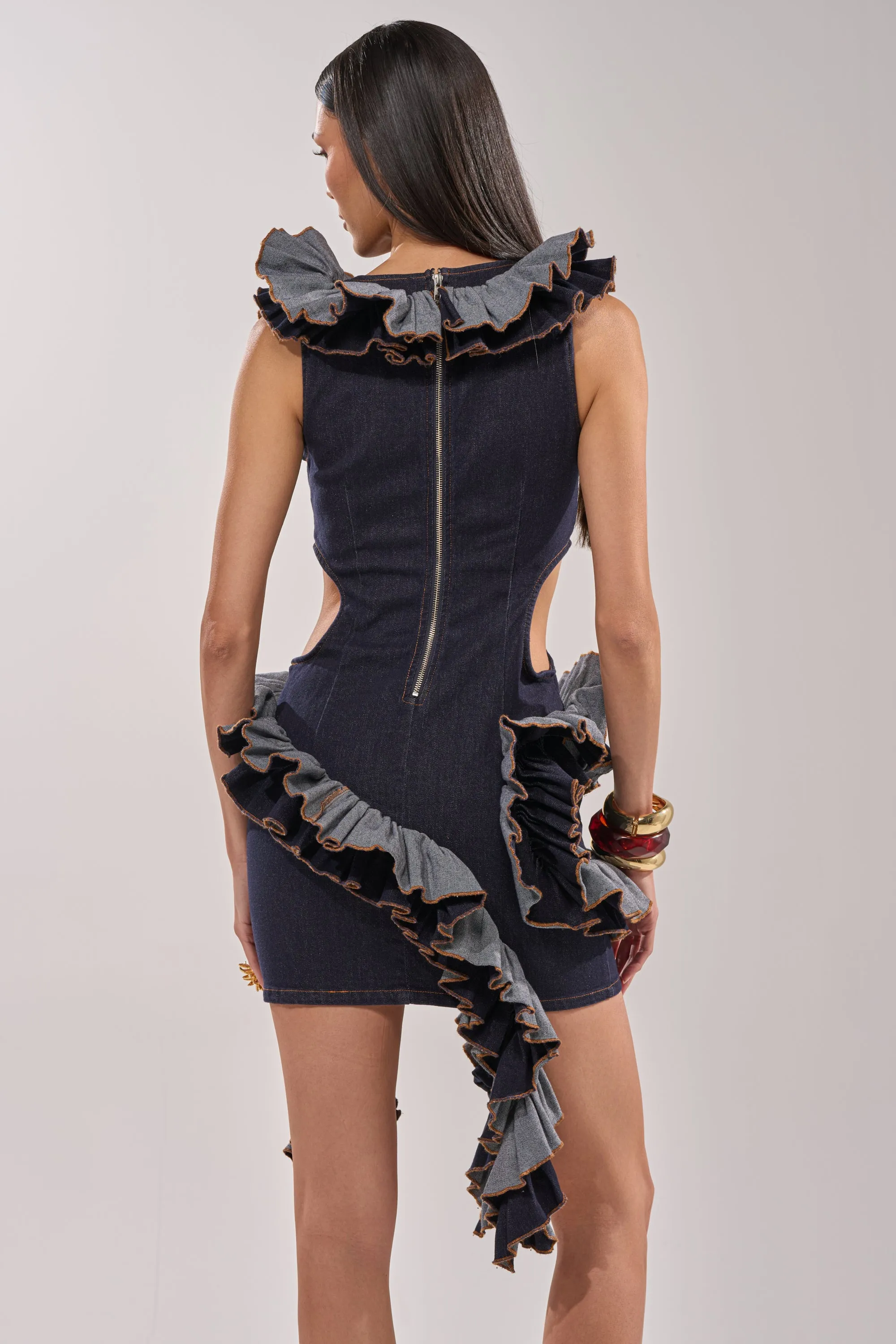 SAY IT AGAIN RUFFLED DENIM MINI DRESS IN DARK BLUE DENIM sold by AKIRA product image thumbnail 5