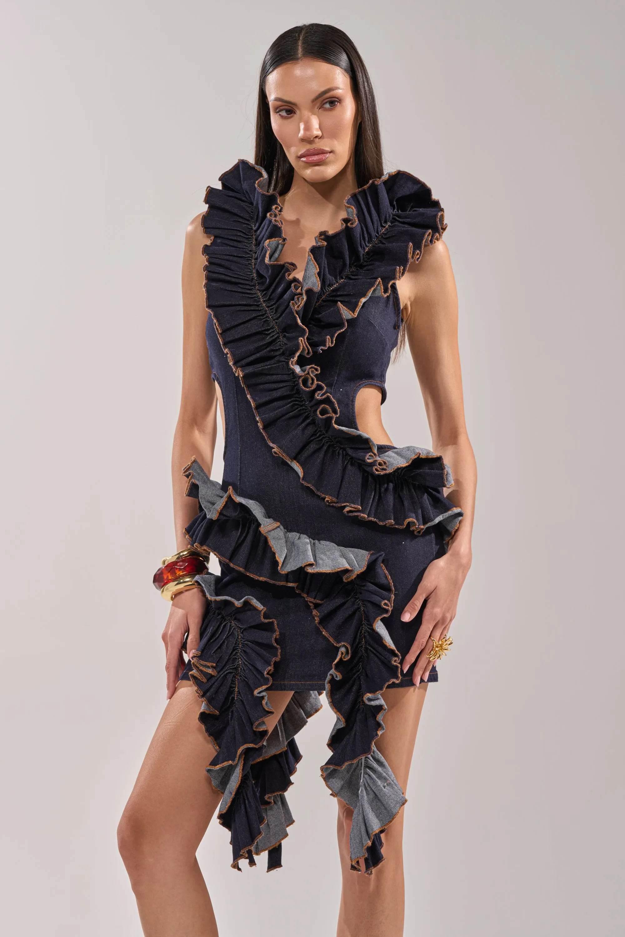 SAY IT AGAIN RUFFLED DENIM MINI DRESS IN DARK BLUE DENIM sold by AKIRA product image thumbnail 3