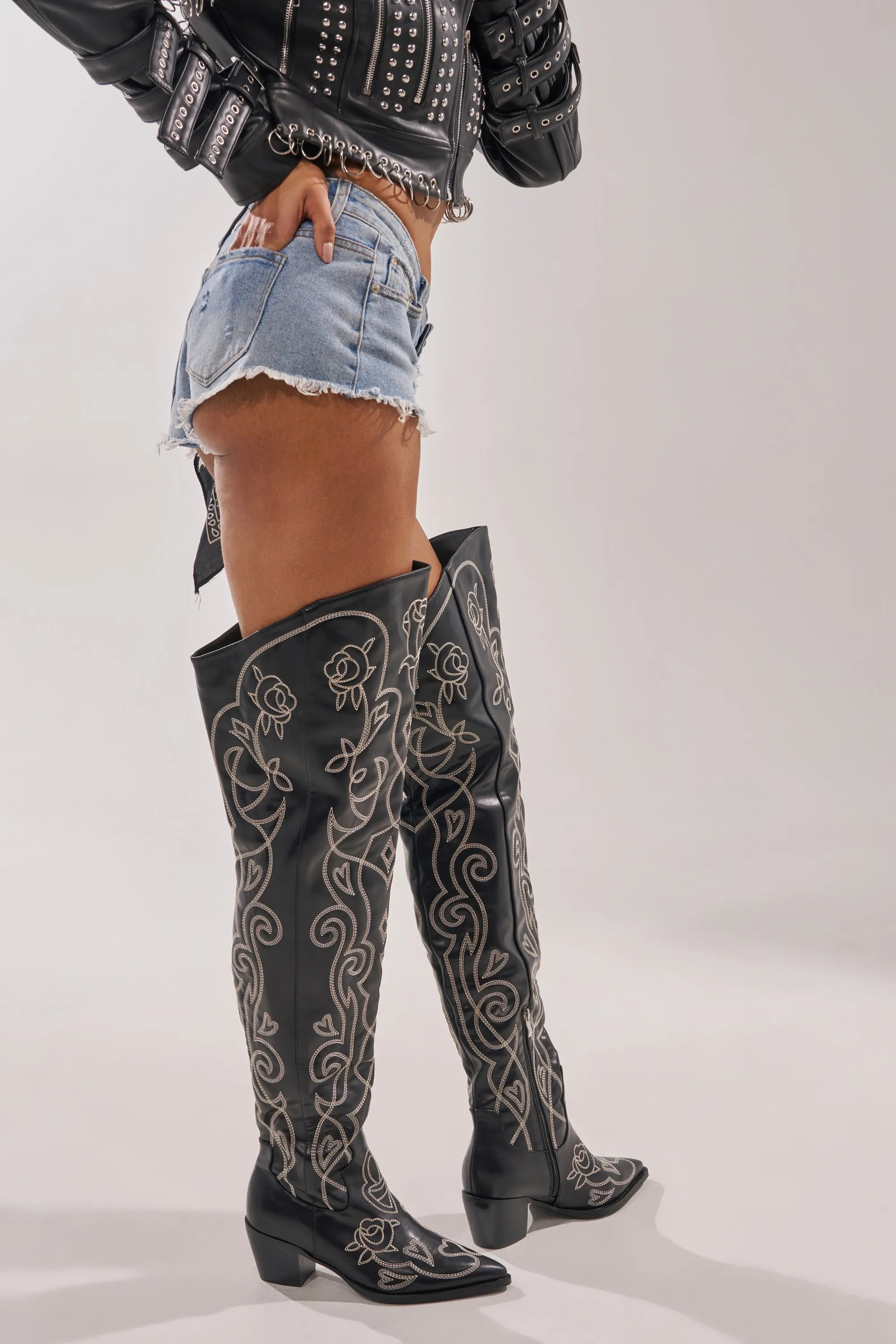 AZALEA WANG KESS BLACK WESTERN THIGH HIGH CHUNKY BOOT sold by AKIRA