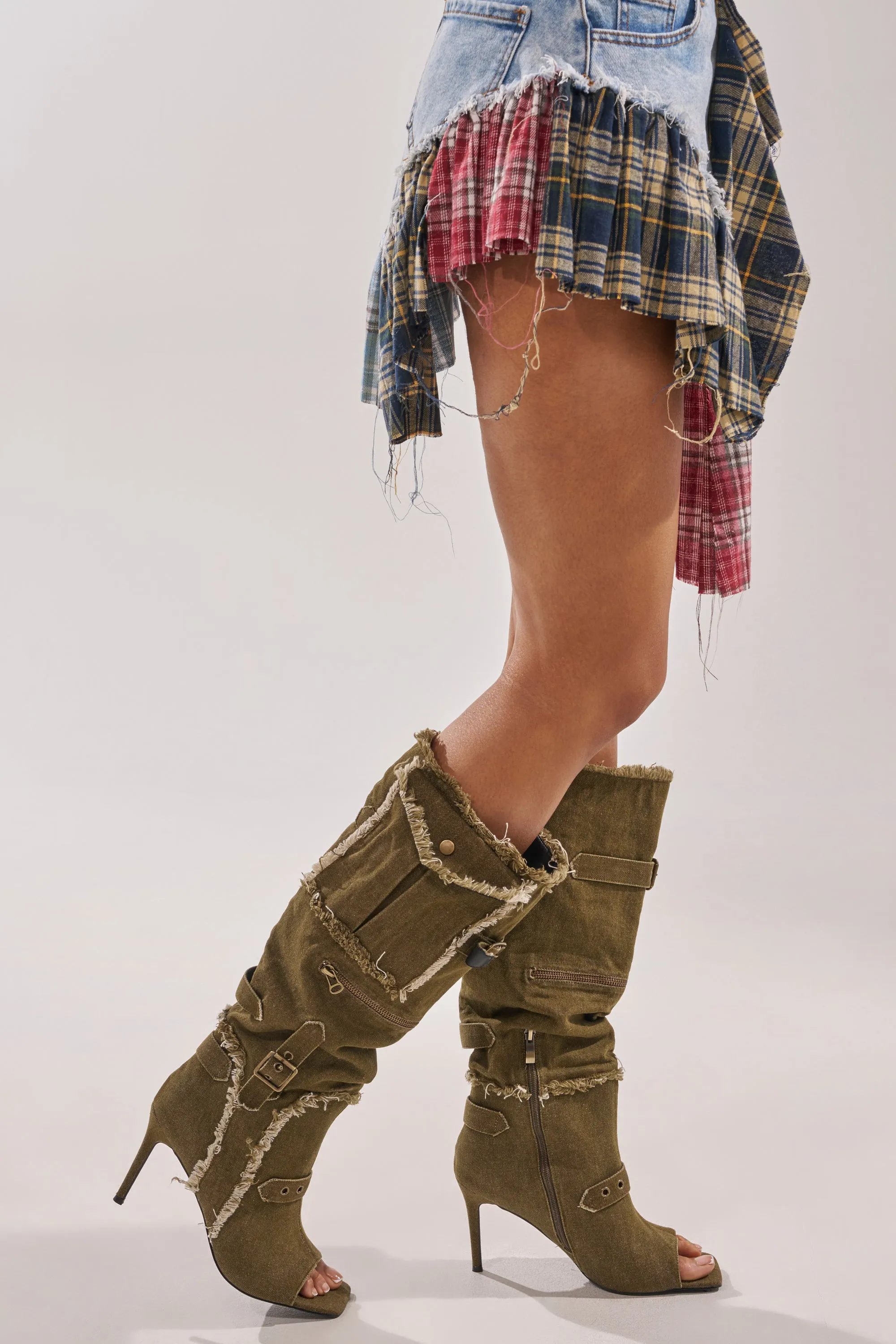 AKIRA GOLD NADAL OLIVE CANVAS OPEN TOE STILETTO BOOTIE sold by AKIRA product image thumbnail 3