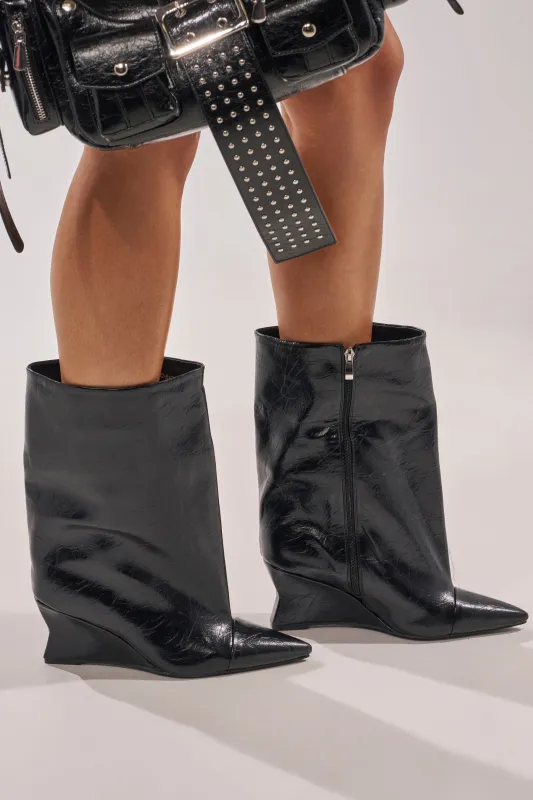 AZALEA WANG VINCI BLACK PU PRINT WEDGE BOOTIE sold by AKIRA