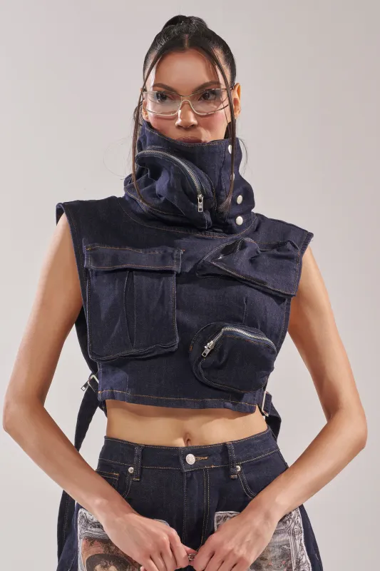 MODEL BEHAVIOR TOP IN DARK BLUE DENIM sold by AKIRA