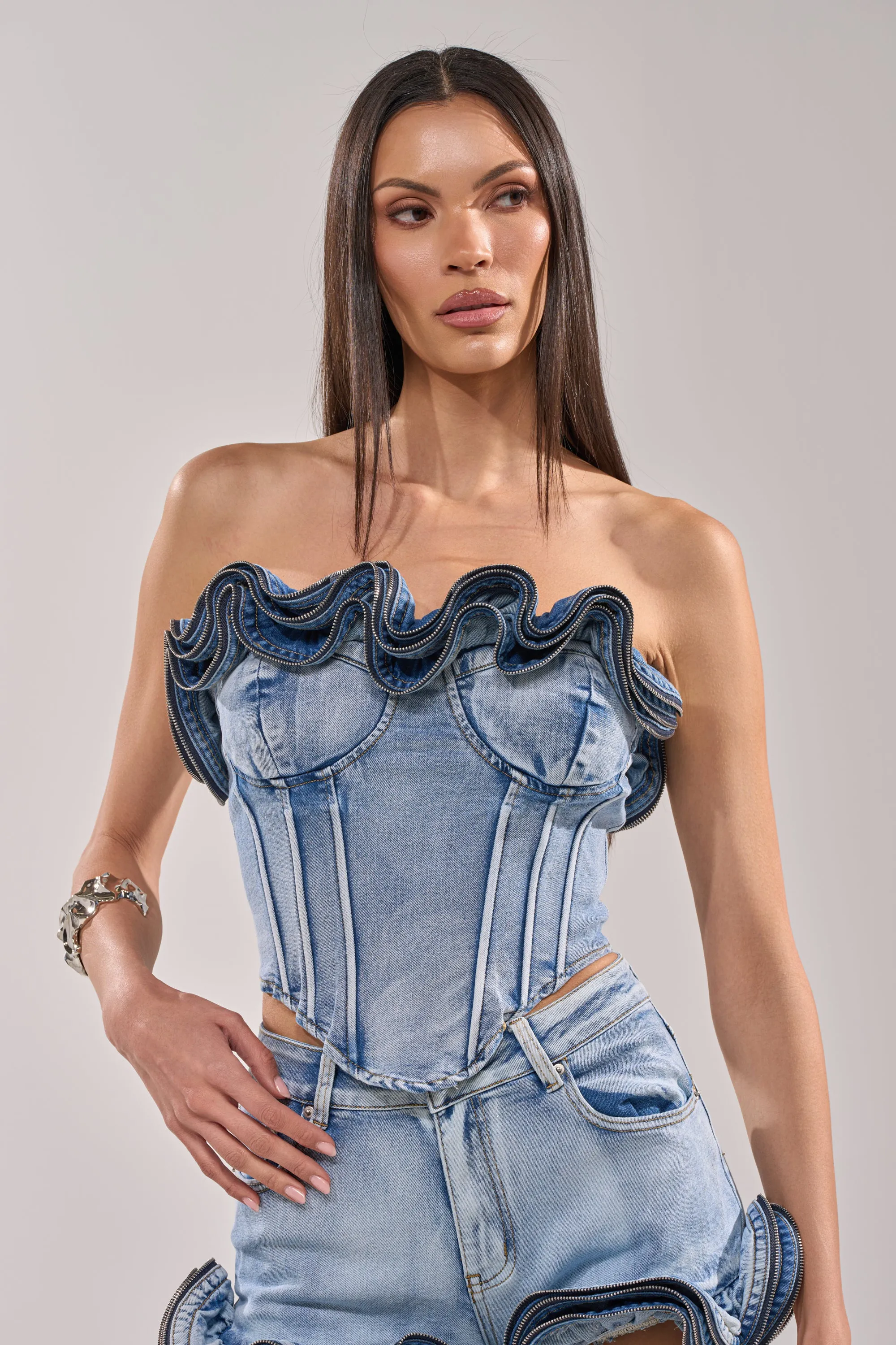 SOMETHING DIFFERENT DENIM CORSET WITH ZIPPER DETAIL sold by AKIRA product image thumbnail 3