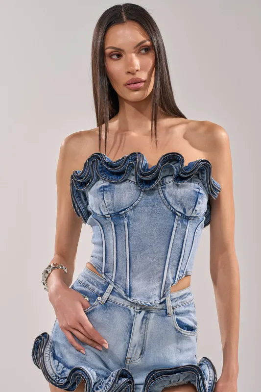 SOMETHING DIFFERENT DENIM CORSET WITH ZIPPER DETAIL sold by AKIRA