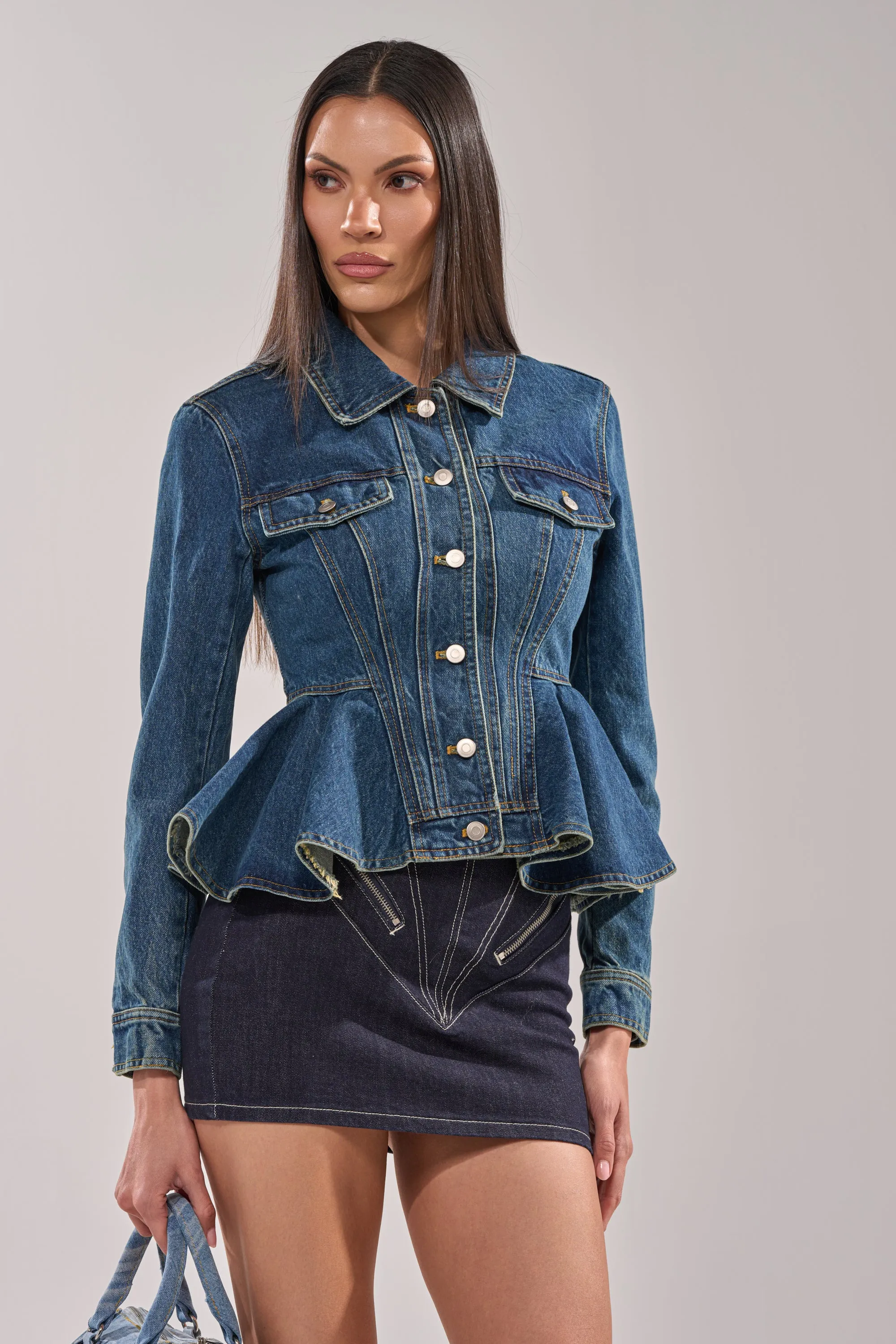 POP OUT PEPLUM DENIM JACKET sold by AKIRA product image thumbnail 3