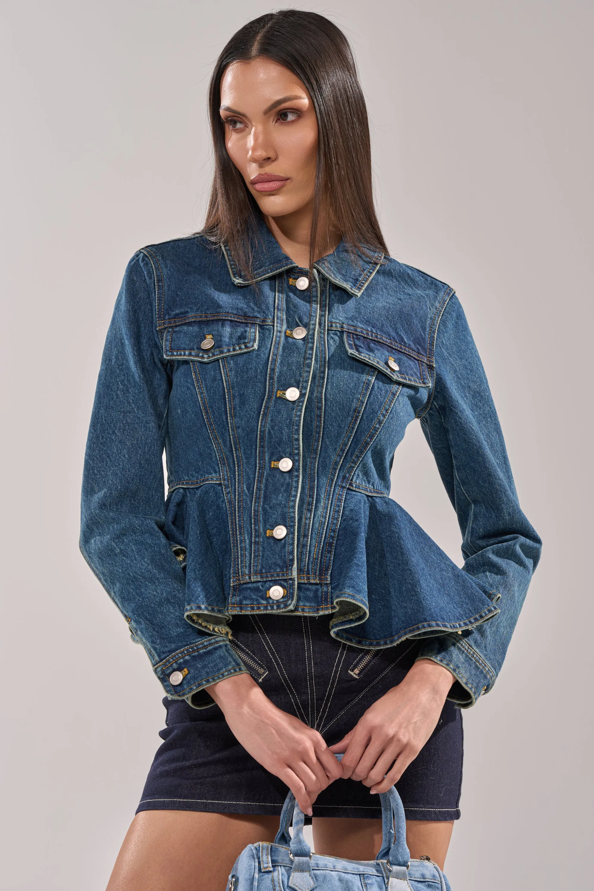 POP OUT PEPLUM DENIM JACKET sold by AKIRA