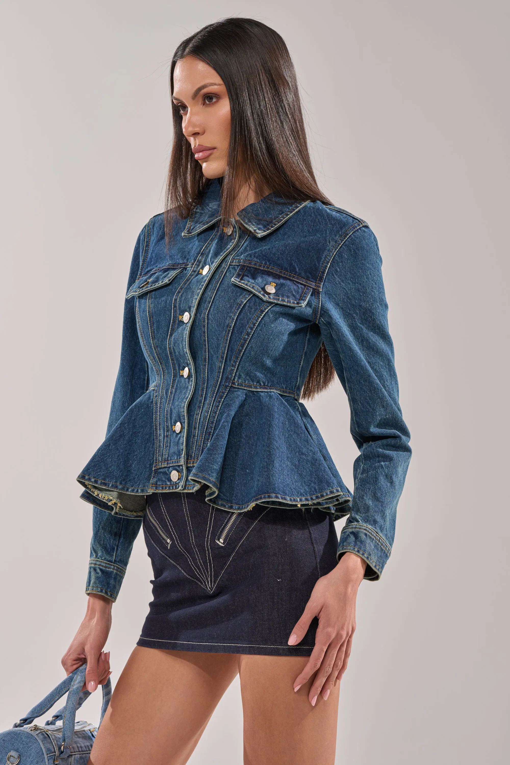 POP OUT PEPLUM DENIM JACKET sold by AKIRA product image thumbnail 5