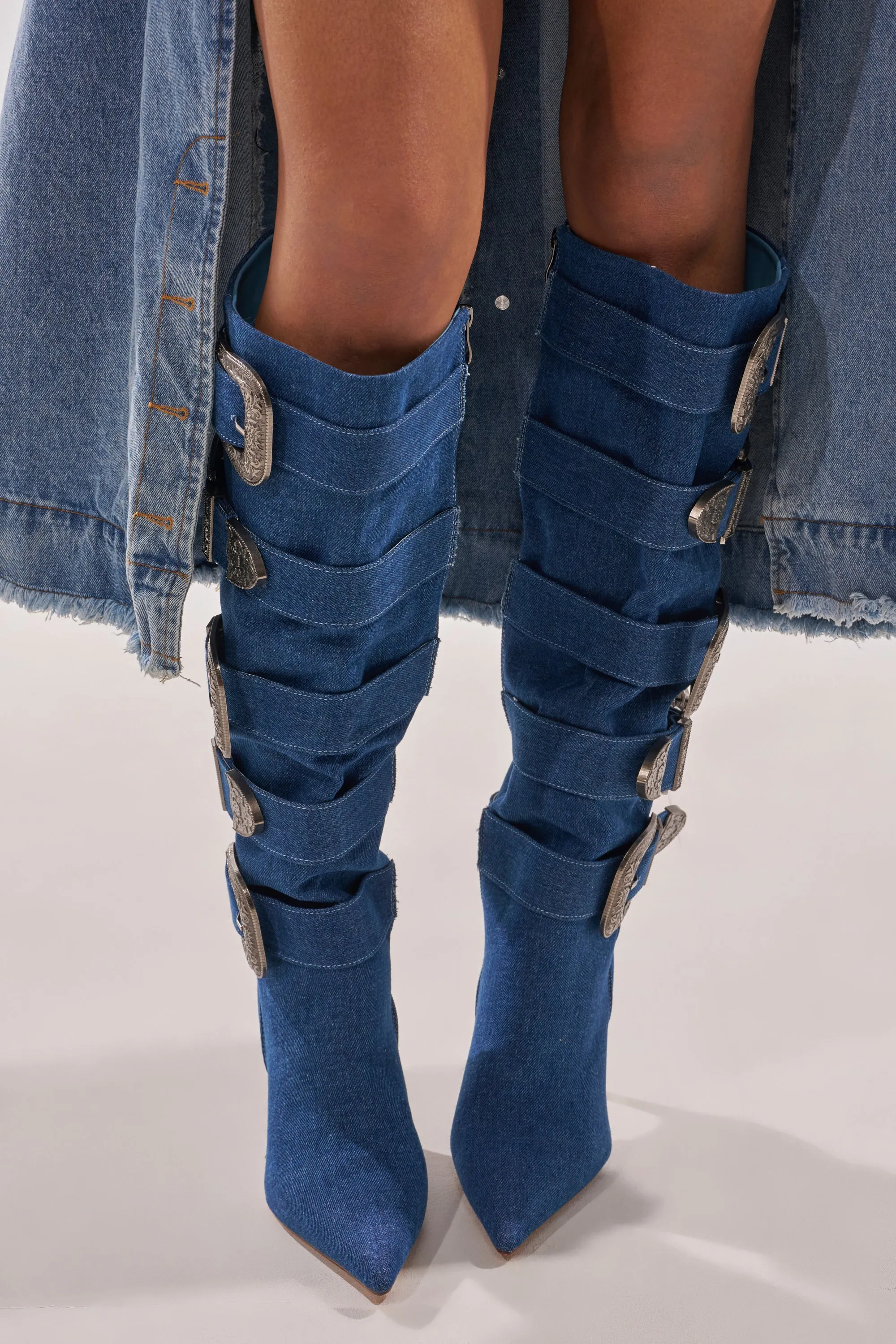 AKIRA GOLD FALLON DENIM BUCKLE EMBELLISHED STILETTO BOOT sold by AKIRA product image thumbnail 2