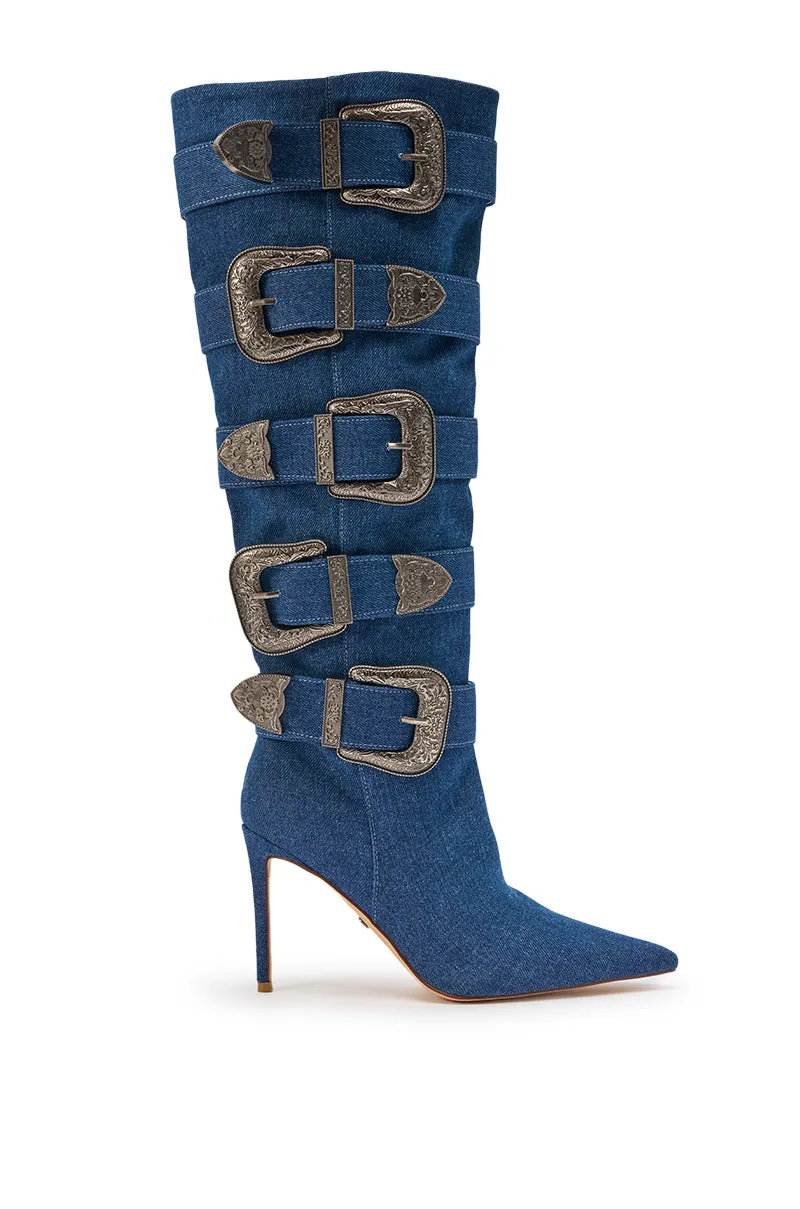 AKIRA GOLD FALLON DENIM BUCKLE EMBELLISHED STILETTO BOOT sold by AKIRA product image thumbnail 4