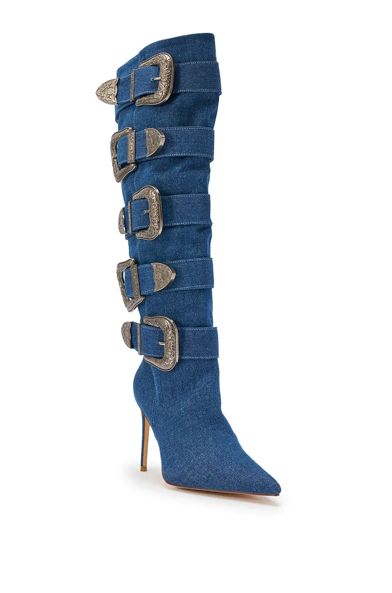 AKIRA GOLD FALLON DENIM BUCKLE EMBELLISHED STILETTO BOOT sold by AKIRA product image thumbnail 5