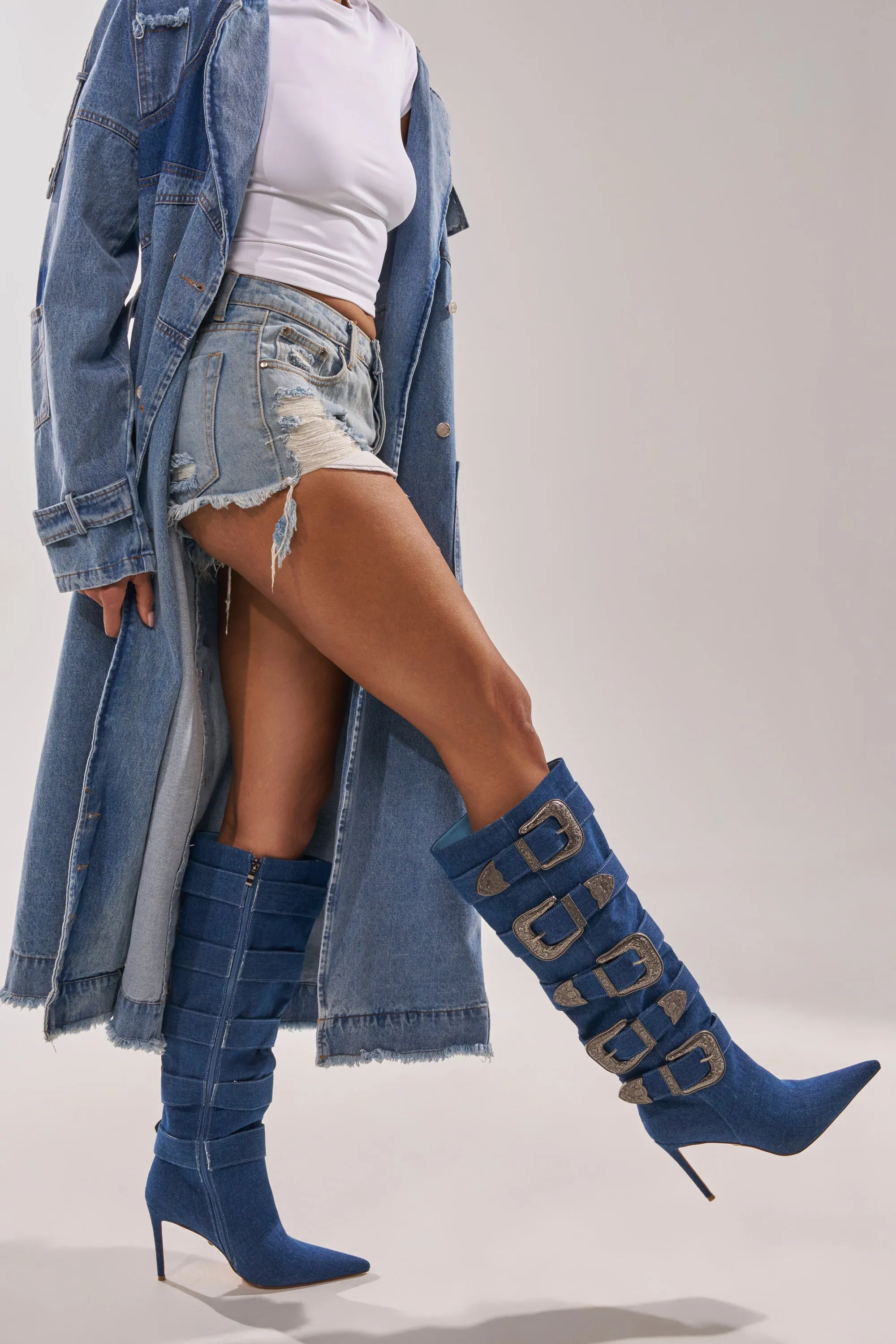 AKIRA GOLD FALLON DENIM BUCKLE EMBELLISHED STILETTO BOOT sold by AKIRA product image thumbnail 3