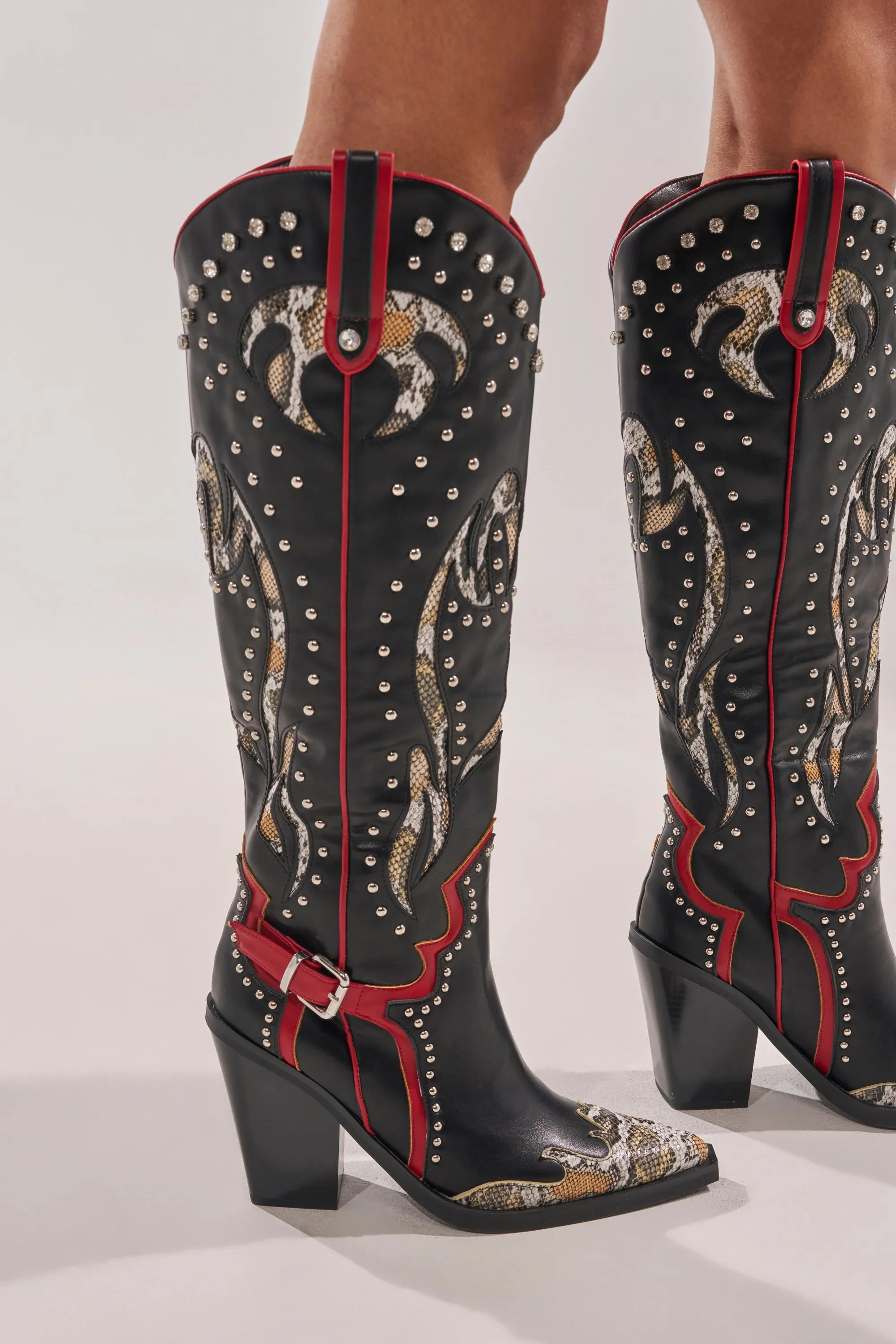 AZALEA WANG HYPERION BLACK MULTI COLOR WESTERN STUD BOOT sold by AKIRA
