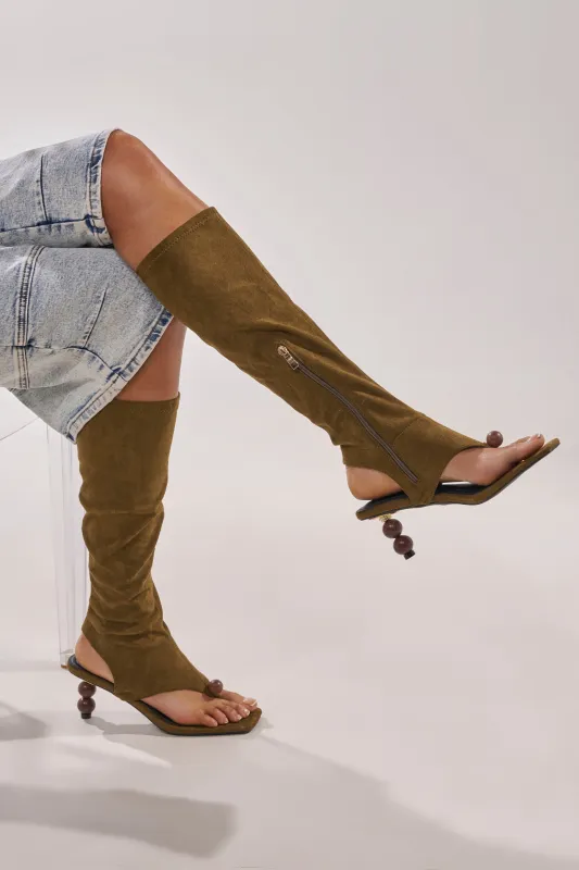 AZALEA WANG DOTTIE OLIVE STRETCH FAUX SUEDE BOOT WITH EMBELLISHED HEEL AND TOE HARDWARE made by Azalea Wang