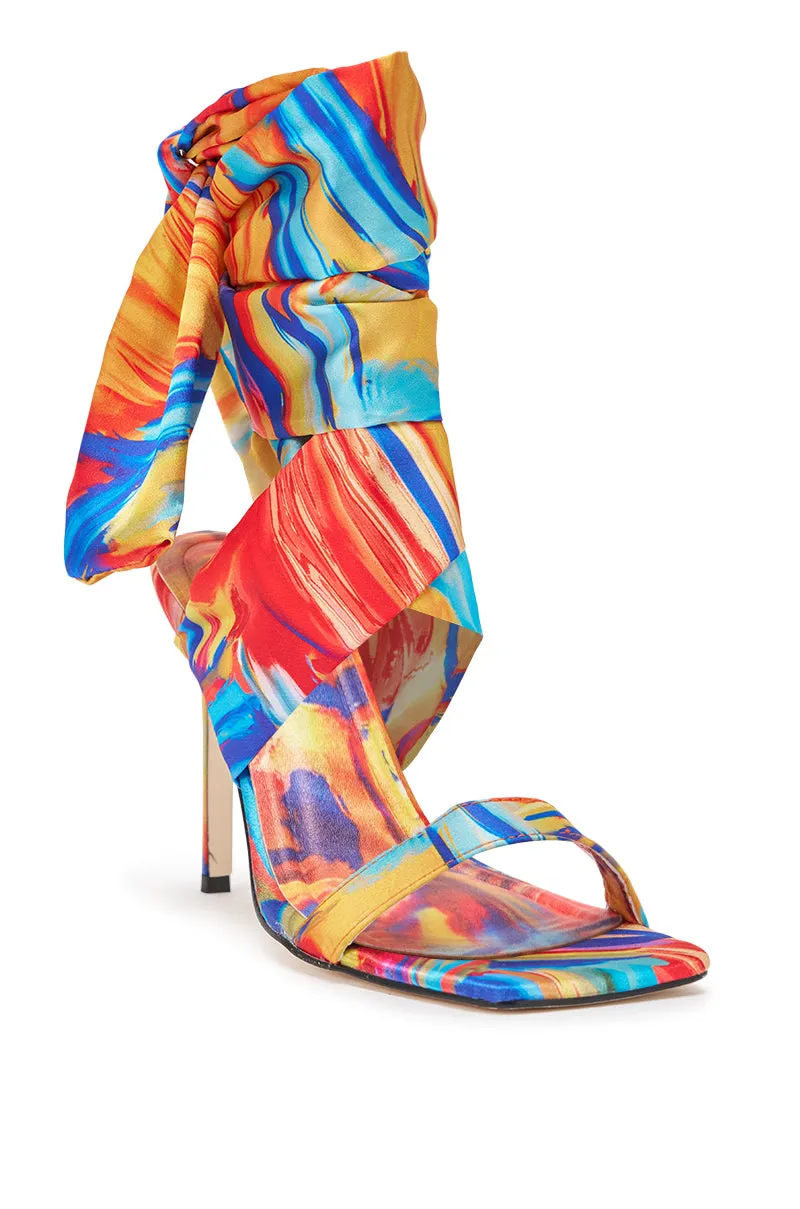 AZALEA WANG JOHA ORANGE MULTI PRINTED SATIN WRAP UP STILETTO sold by AKIRA product image thumbnail 5