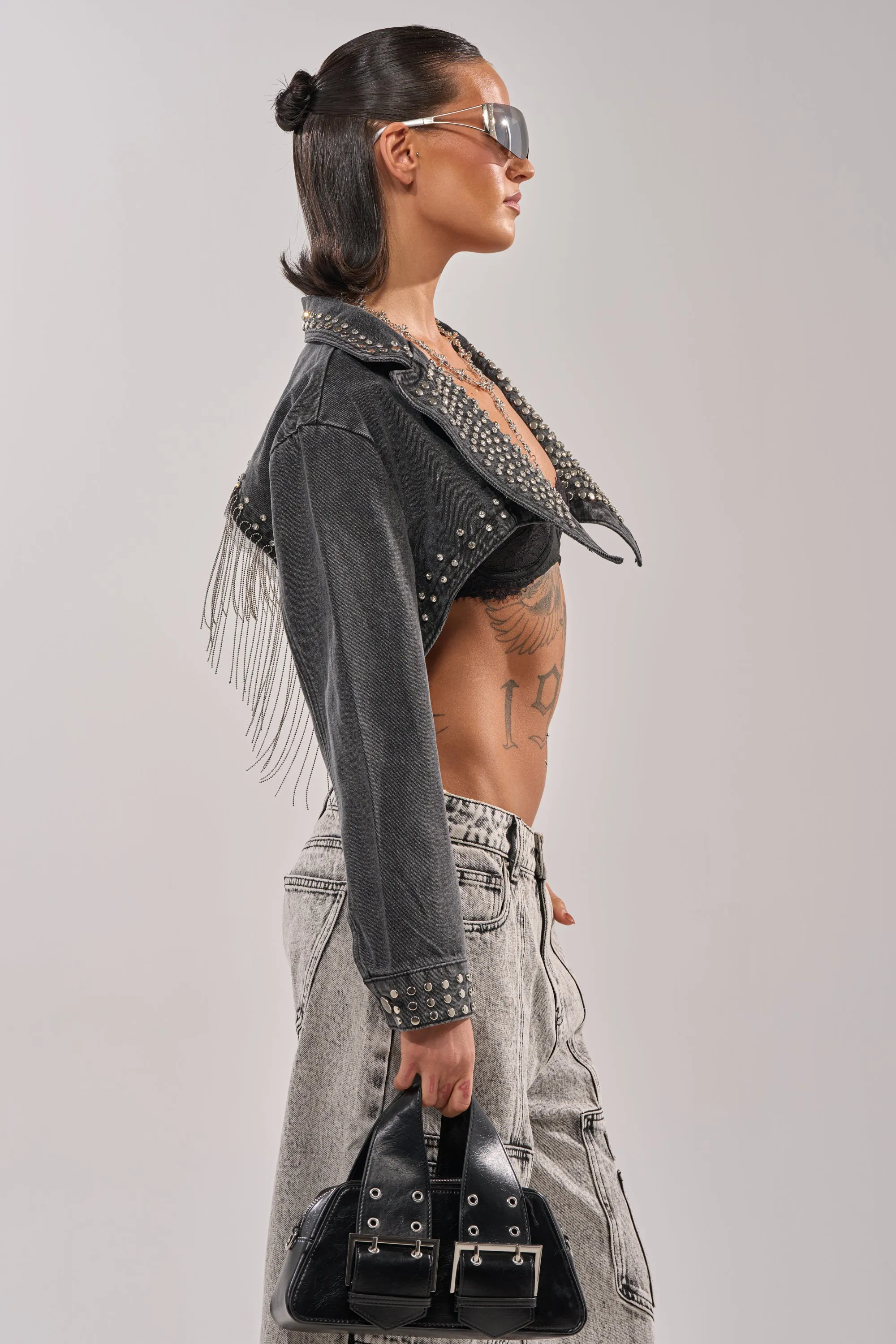 WATERFALL FRINGE CROPPED DENIM JACKET sold by AKIRA product image thumbnail 4