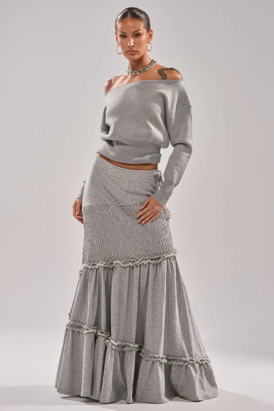 IT ONLY GETS BETTER RUCHED MAXI SKIRT IN HEATHER GREY sold by AKIRA