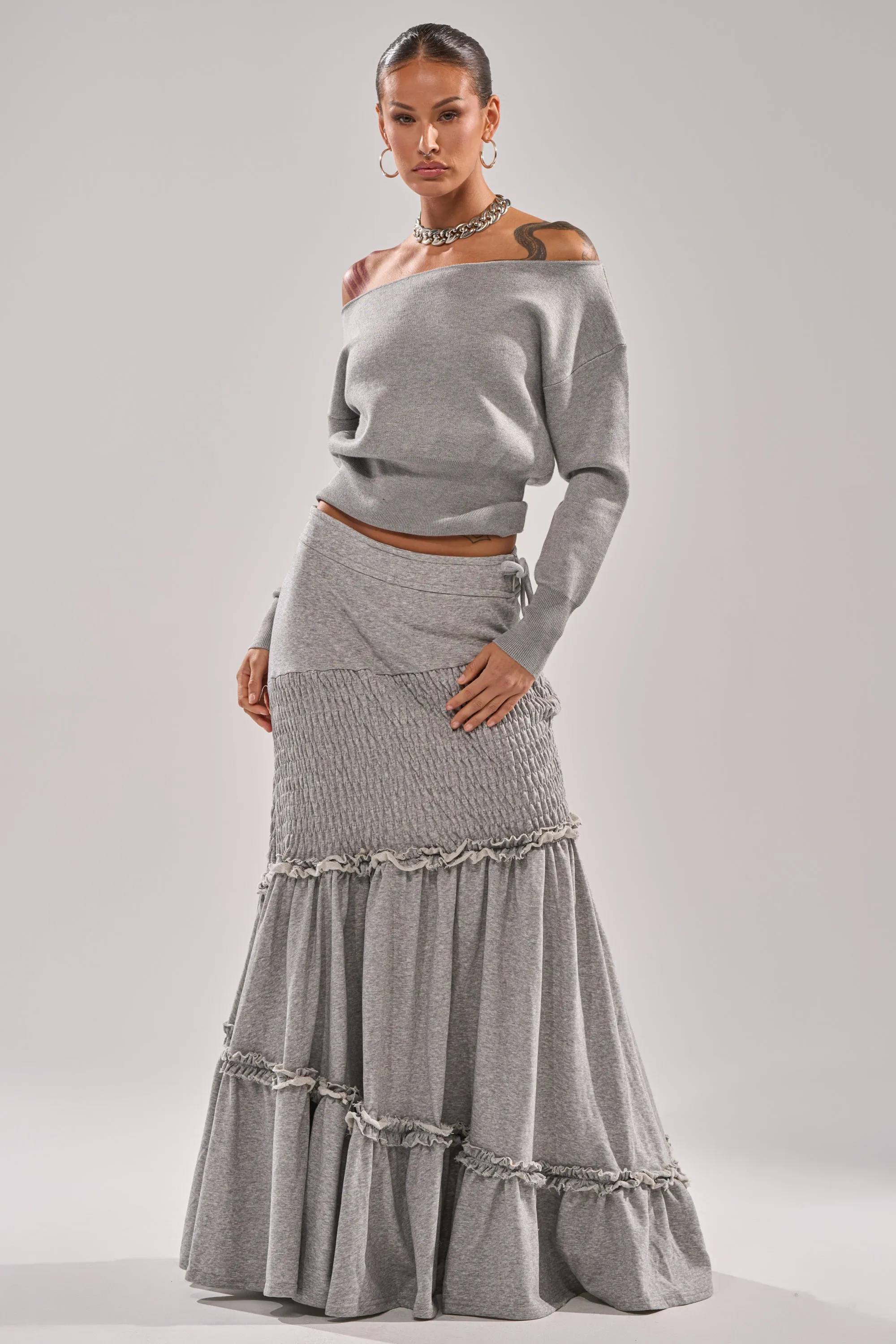 IT ONLY GETS BETTER RUCHED MAXI SKIRT IN HEATHER GREY sold by AKIRA