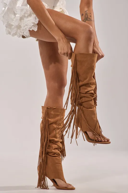 AZALEA WANG JOHANNA TAN FRINGE GLADIATOR SANDAL made by Azalea Wang