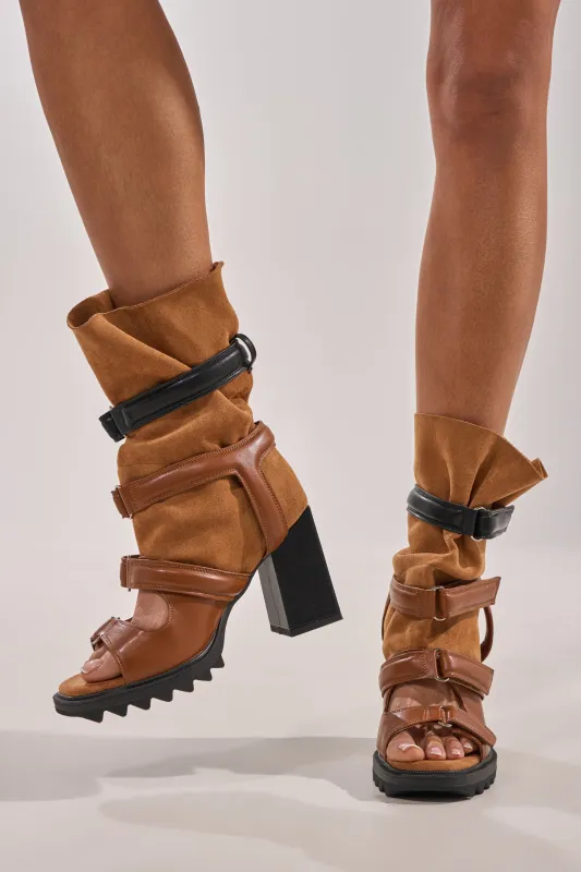 AZALEA WANG THIERRY TAN FAUX SUEDE OPEN TOE CHUNKY BOOTIE sold by AKIRA