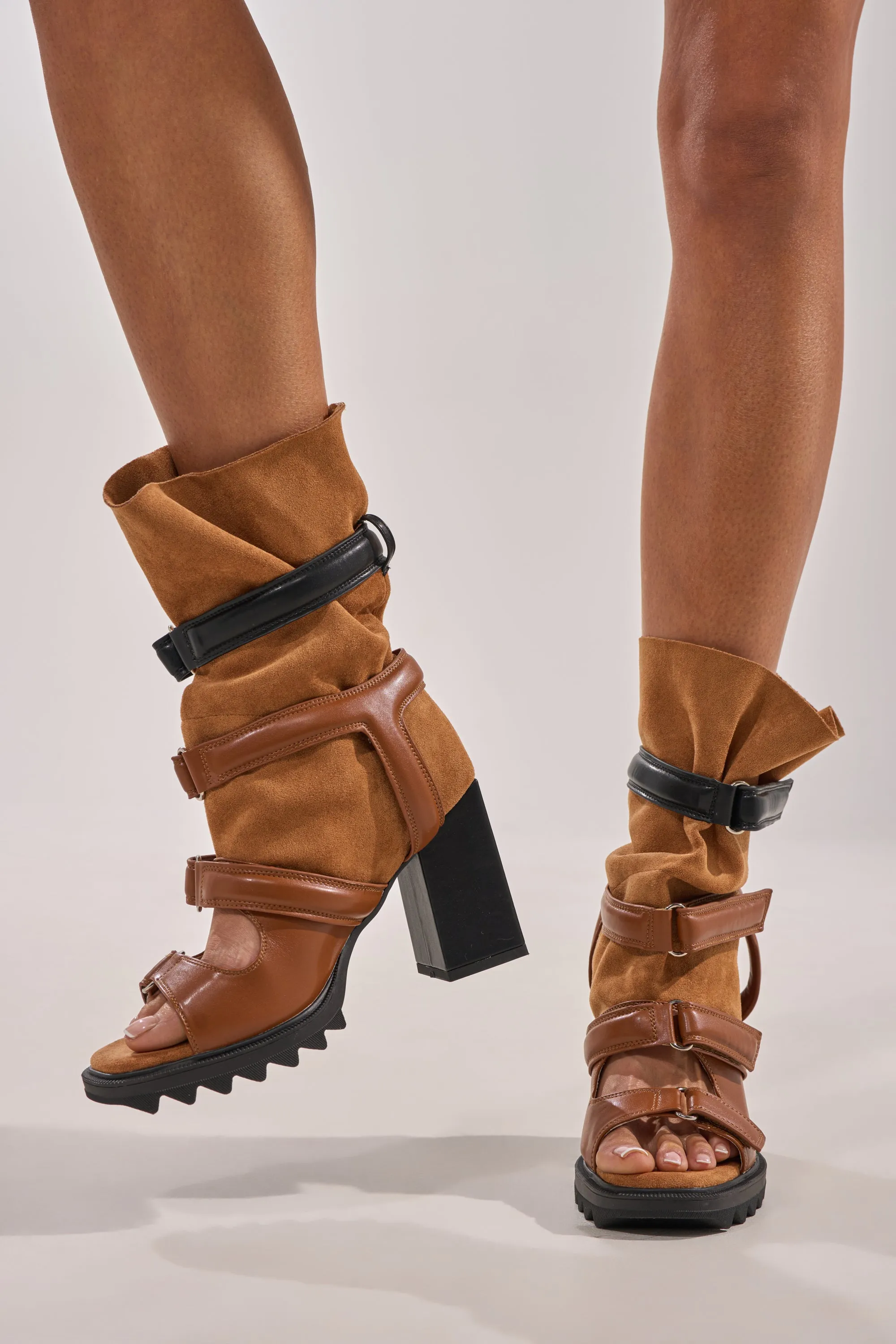 AZALEA WANG THIERRY TAN FAUX SUEDE OPEN TOE CHUNKY BOOTIE sold by AKIRA