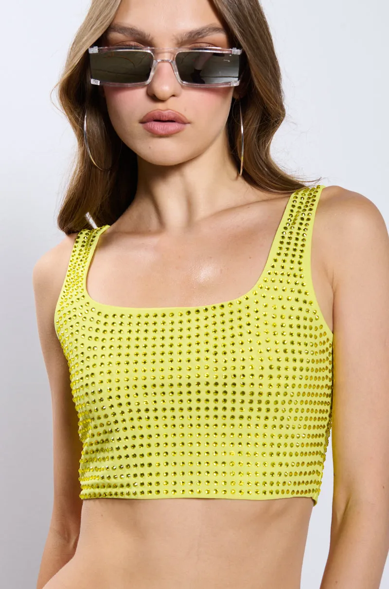 IT GIRL ENERGY RHINESTONE EMBELLISHED CROPPED TANK IN GREEN sold by AKIRA