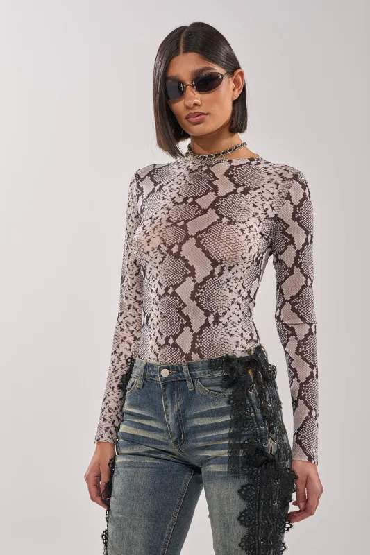OMBRE SNAKE LONG SLEEVE MESH TOP IN GREY MULTI sold by AKIRA