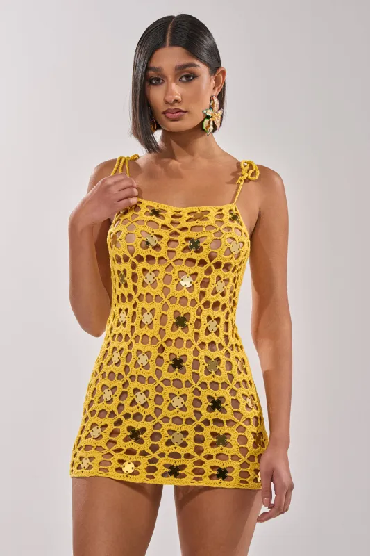 GLOW UP SEQUIN CROCHET MINI DRESS made by AKIRA