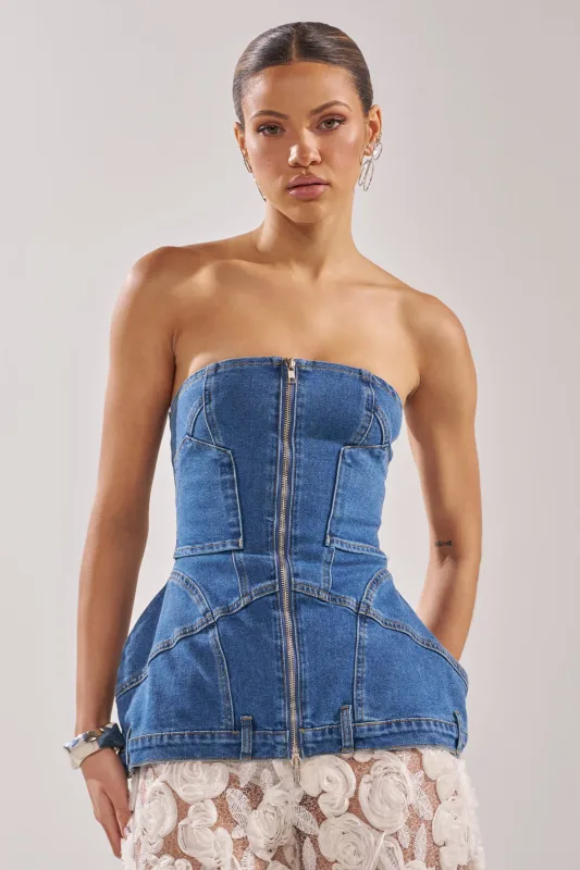 UPSIDE DOWN DENIM CORSET sold by AKIRA