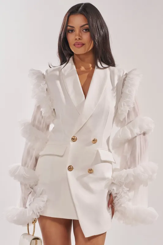LIVING OVER THE TOP RUFFLE SLEEVE BLAZER MINI DRESS IN WHITE made by AKIRA