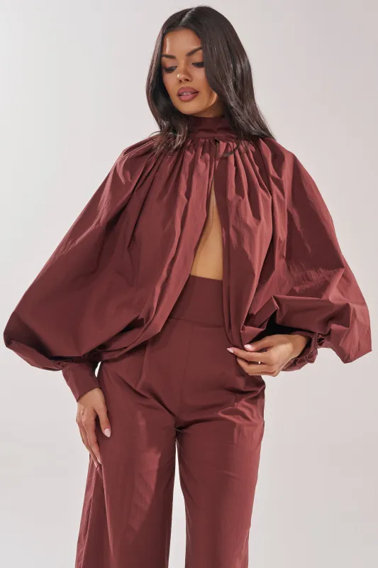 GOLD COAST BALLOON SLEEVE BLOUSE IN BROWN made by AKIRA