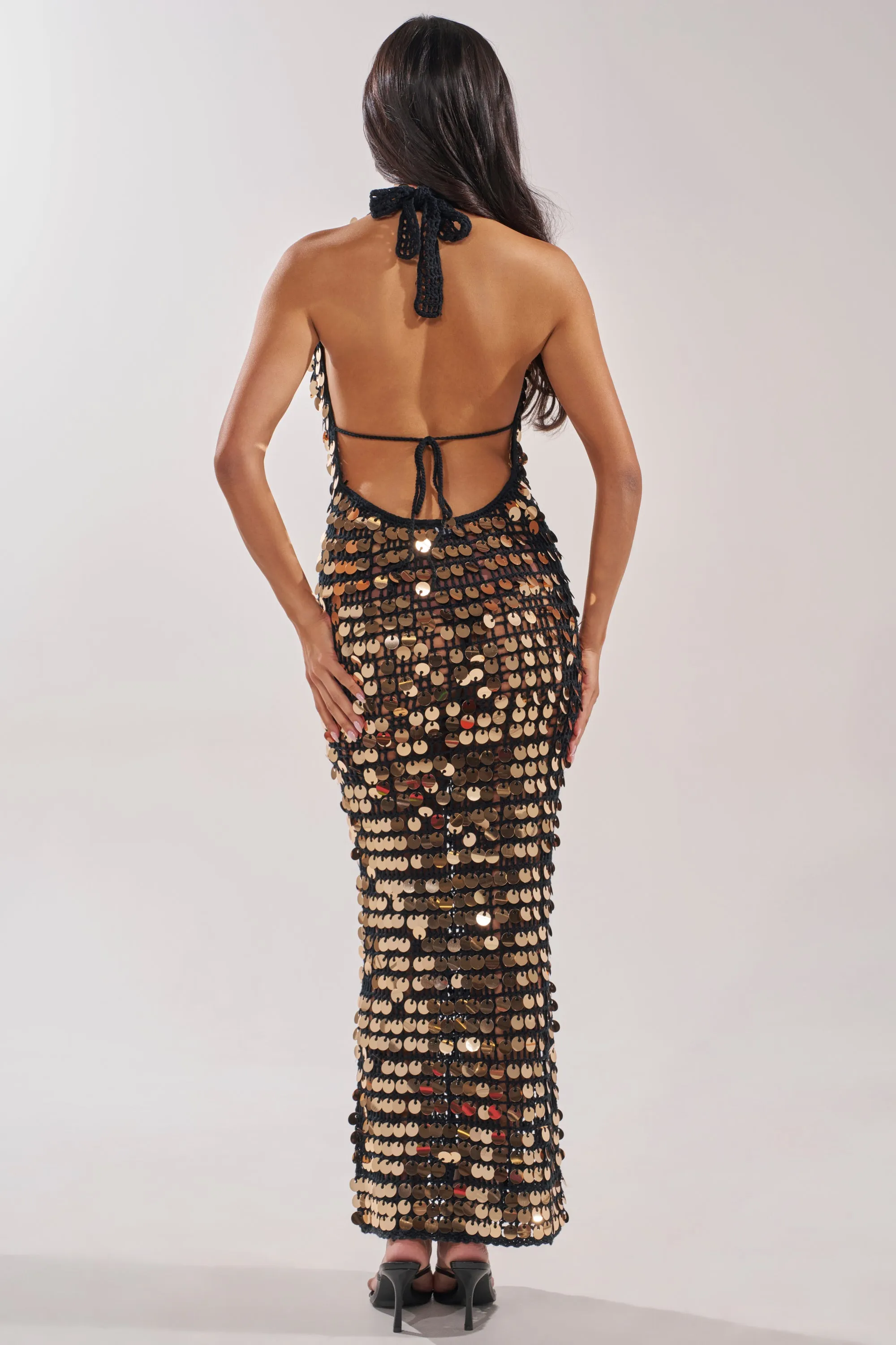 ARIEL SEQUIN CROCHET MAXI DRESS IN BLACK sold by AKIRA product image thumbnail 5