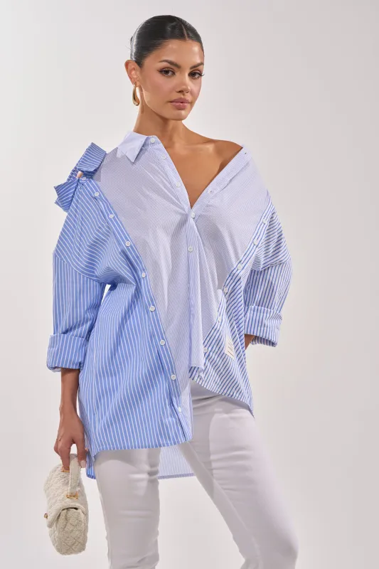 ALL OVER THE PLACE BLUE STRIPED BUTTON DOWN made by AKIRA
