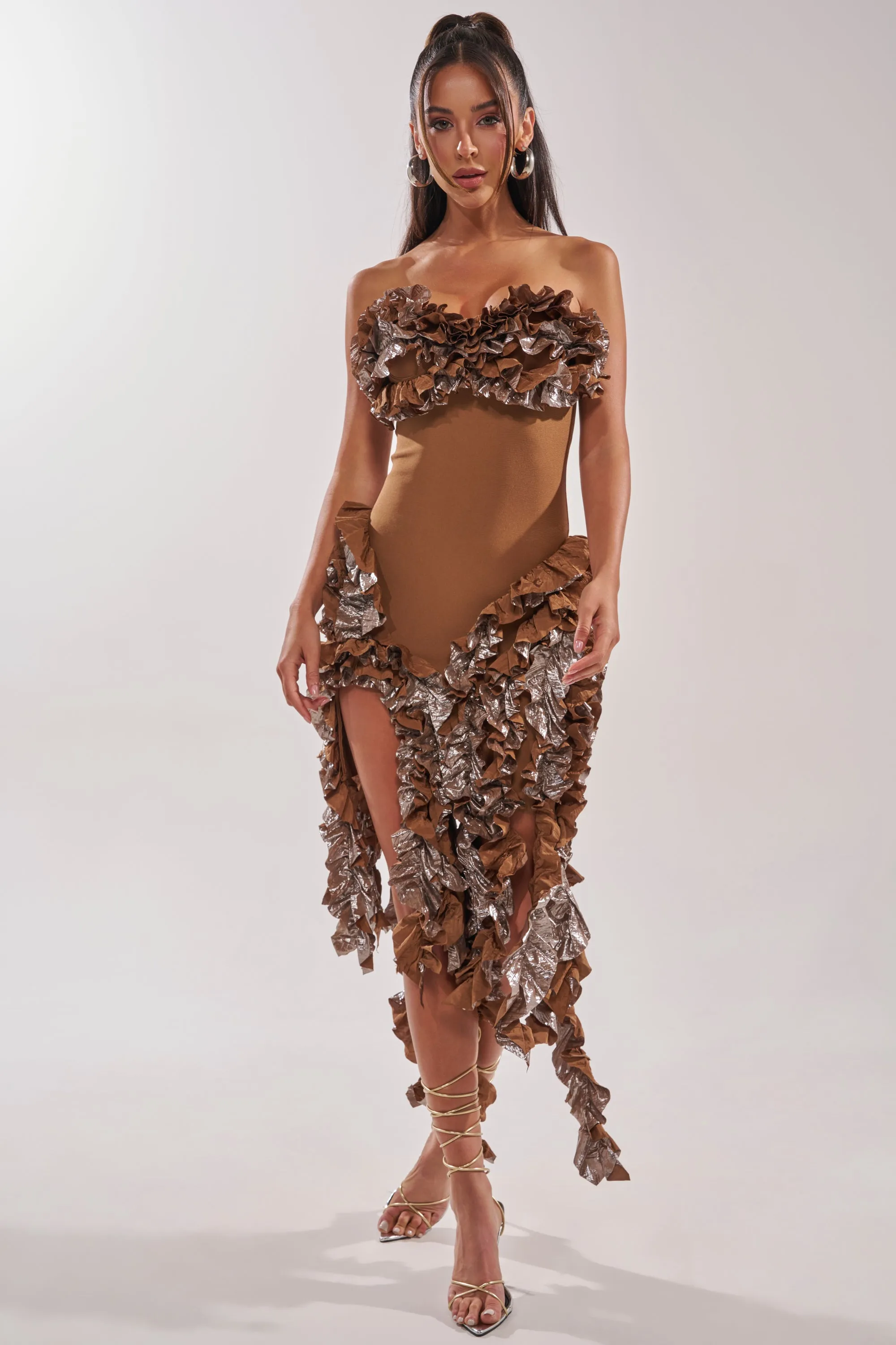 CITY LIGHTS RUFFLE MIDI DRESS IN BRONZE sold by AKIRA product image thumbnail 2