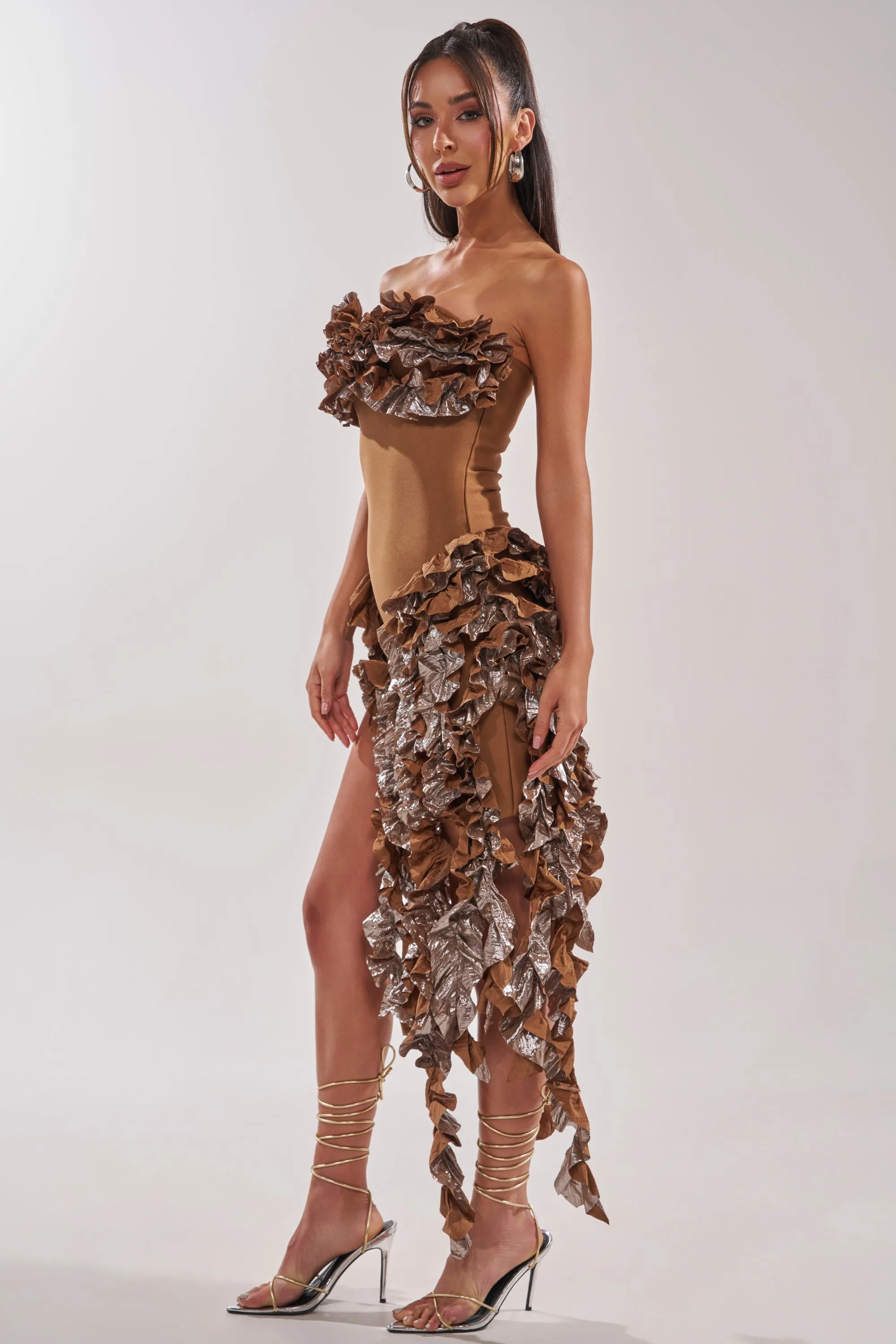 CITY LIGHTS RUFFLE MIDI DRESS IN BRONZE sold by AKIRA product image thumbnail 5