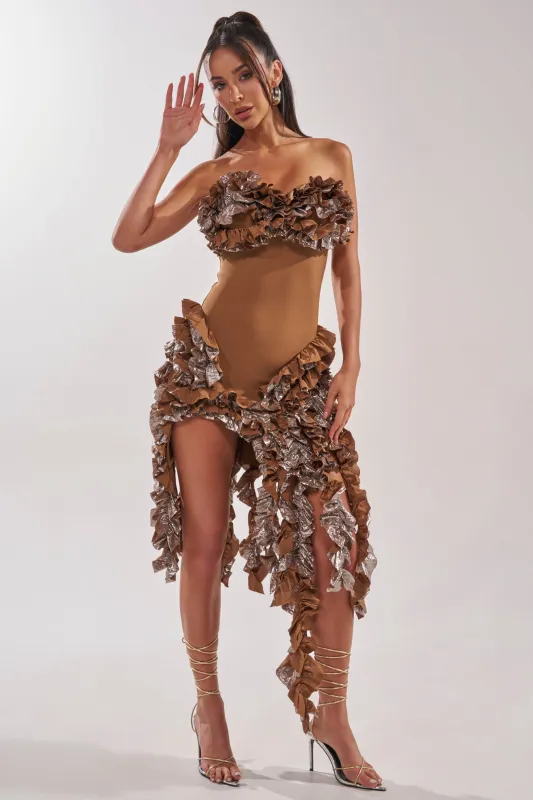 CITY LIGHTS RUFFLE MIDI DRESS IN BRONZE made by AKIRA