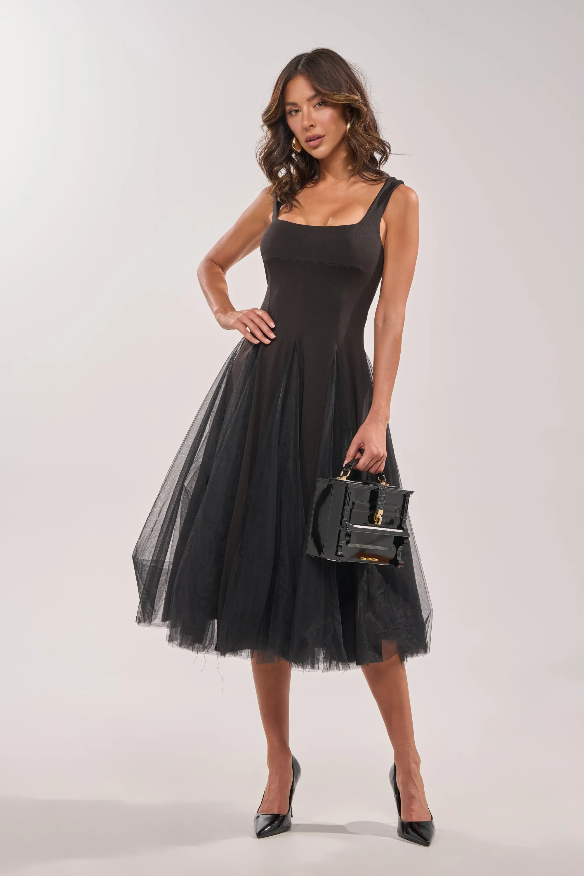 KNOW YOUR WORTH TULLE MIDI DRESS IN BLACK sold by AKIRA product image thumbnail 2