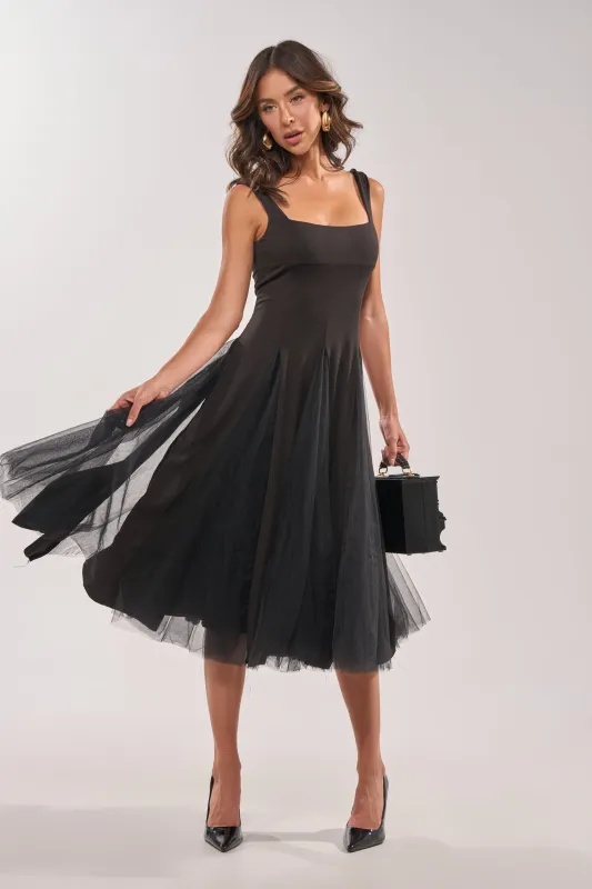 KNOW YOUR WORTH TULLE MIDI DRESS IN BLACK sold by AKIRA
