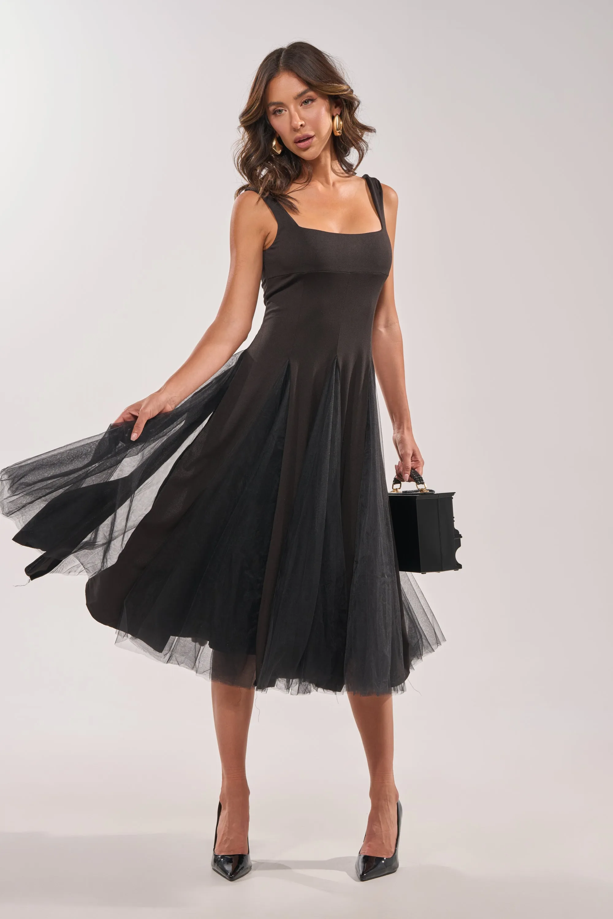 KNOW YOUR WORTH TULLE MIDI DRESS IN BLACK sold by AKIRA