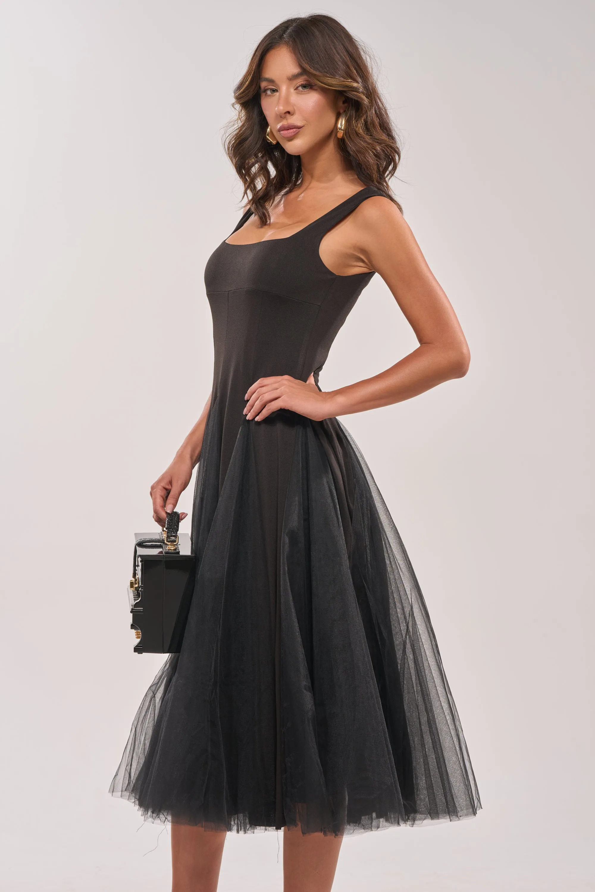 KNOW YOUR WORTH TULLE MIDI DRESS IN BLACK sold by AKIRA product image thumbnail 4