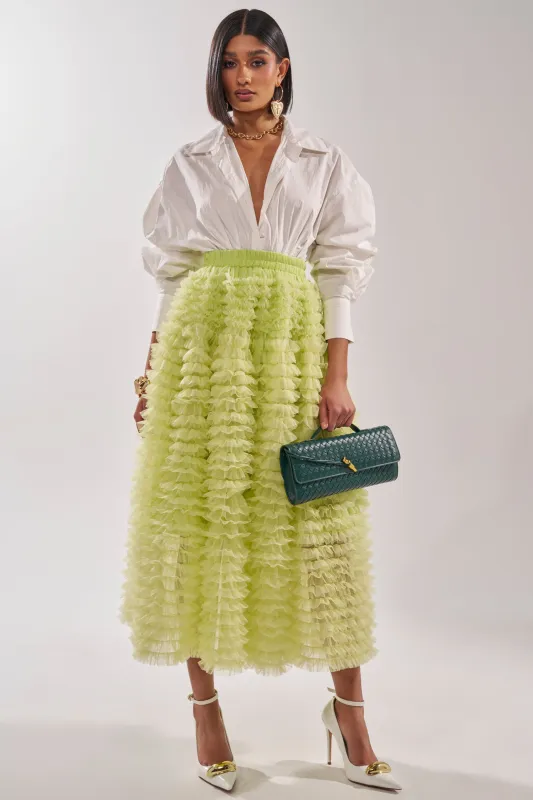 LOVE THE DRAMA MESH MAXI SKIRT made by AKIRA