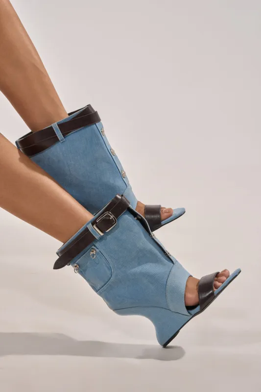AKIRA GOLD BLEILIC DENIM WEDGE OPEN TOE BOOTIE made by AKIRA