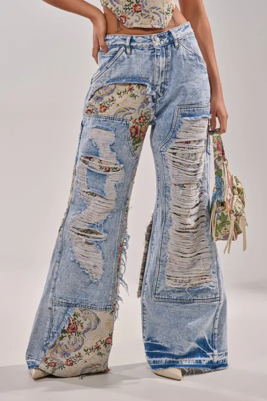 LANA DISTRESSED JEANS WITH JACQUARD DETAIL sold by AKIRA