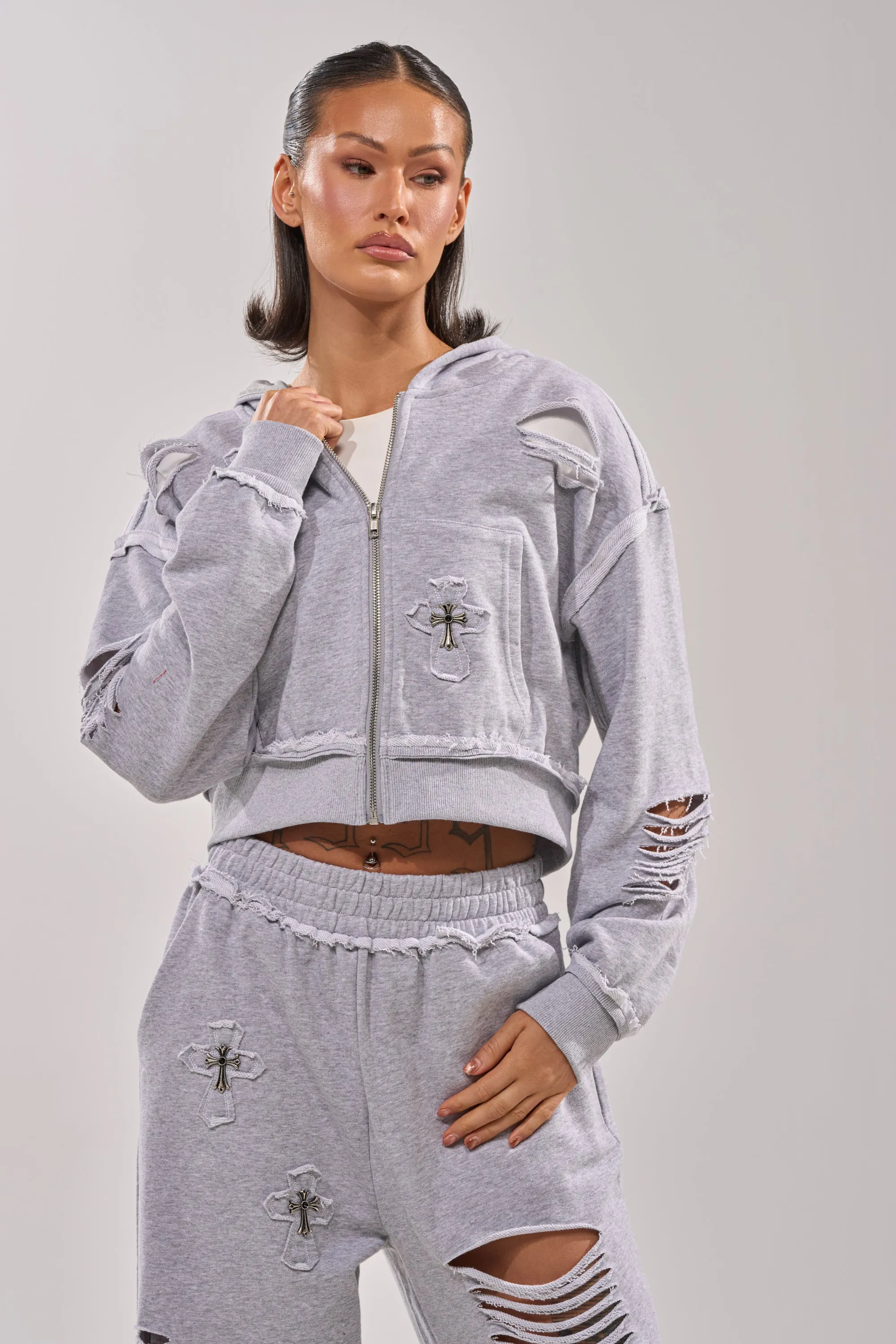 CROSSED OUT DISTRESSED ZIP UP SWEATSHIRT sold by AKIRA product image thumbnail 3