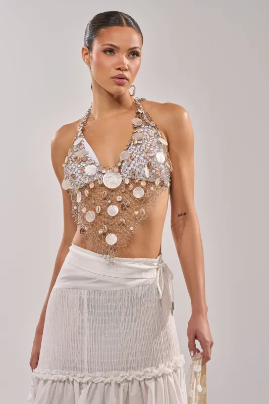 SALLY SELLS SEASHELLS CROCHET HALTER TOP made by AKIRA